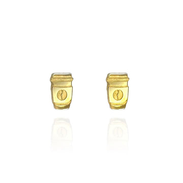 A pair of gold stud earrings shaped like coffee cups.