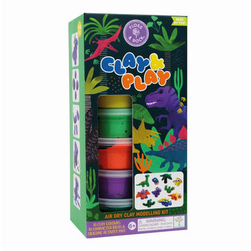 A box titled 'Clay and Play' with illustrations of dinosaurs and a cut out showing pots of coloured clay inside.