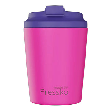 Pink reusable mug with purple lid on a white background, branded 'made by Fressko'.