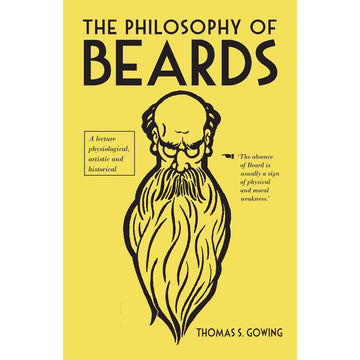 'The Philosophy of Beards' book cover featuring a black line drawing of a man with a long beard on a yellow background.