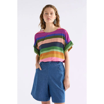 Multicolored striped t-shirt on a white background.