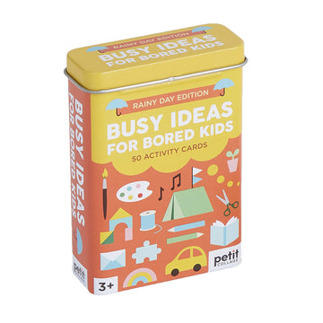 A tin titled 'Busy Ideas for Bored Kids' with activity symbols including paint, thread, a tent, scissors and a book.