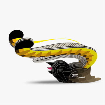 Yellow and black lyrebird model with a visible brand logo on a white background.