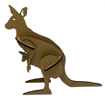 A wooden kangaroo made from laser cut pieces slotted together to make a 3D shape.