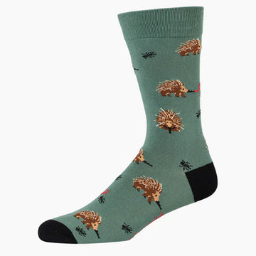 A green sock with a black heel and toe and printed with echidnas.