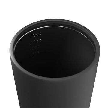 A ceramic reusable coffee cup in dark grey with a black lid and the text 'made by Fressko' along the bottom.
