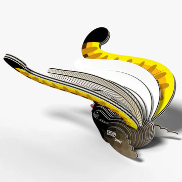 Yellow and black lyrebird model with a visible brand logo on a white background.