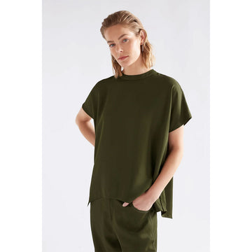 Olive green t-shirt on a white background.
