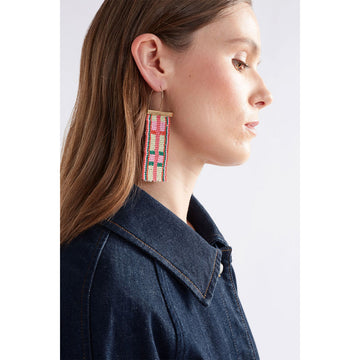 A pair of drop earrings with a rose gold bar and beads hanging off the bar making a check pattern.