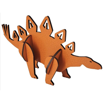 A stegosaurus made from laser cut wood slotted together to make a 3D shape.