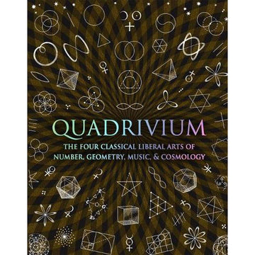 'Quadrivium' book cover featuring geometric symbols on a black and dark green brown spiral background.