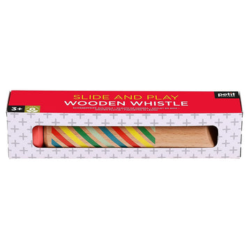 A wooden whistle with coloured stripes is inside a rectangle box with the text 'Slide and Play Wooden Whistle' written on the top.