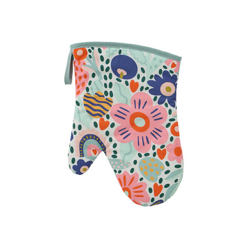 A single oven mitt printed with pink, blue and yellow flowers.