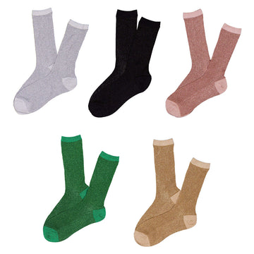 Five pairs of metallic women's socks in grey, black, pink, green and tan.