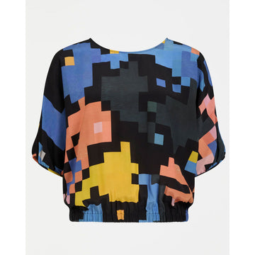 Colorful pixelated top on a white background.