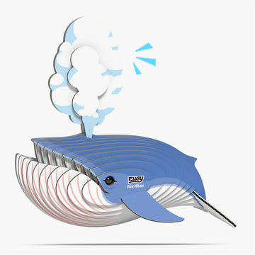 Blue whale cardboard model with EUGY branding on a white background.