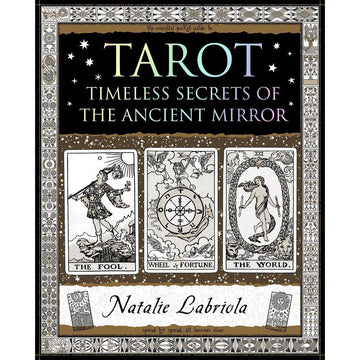 'Tarot Timeless Secrets of The Ancient Mirror' book cover featuring an illustration of three tarot cards.