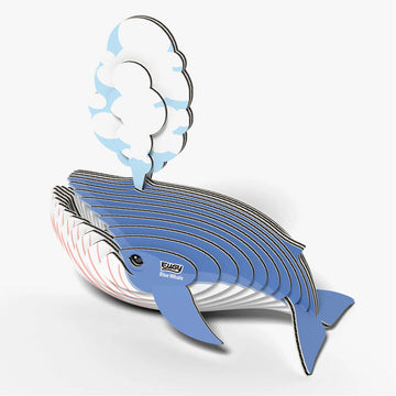 Blue whale cardboard model with EUGY branding on a white background.