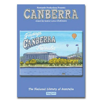 A rectangle magnet featuring an illustration of the National Library and Parliament House in Canberra by Trevor Dickinson.