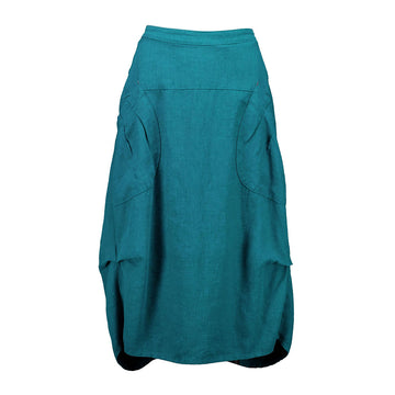 A linen skirt in teal green with side pockets and tucks on either side.