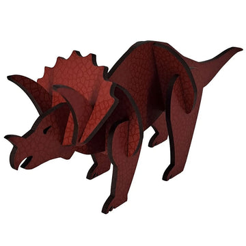 A triceratops made from laser cut wood pieces slotted together to make a 3D shape.
