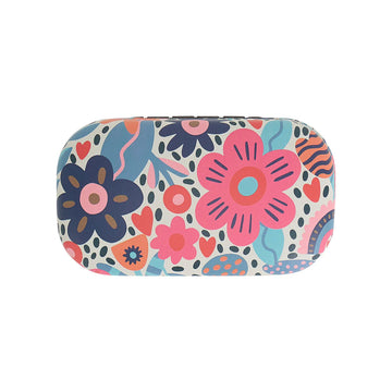 A small hard shell container illustrated with pink and blue flowers.