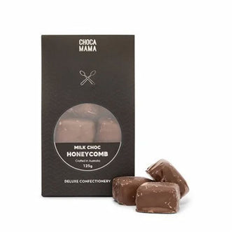 A brown box with a cut out window showing chocolate covered honeycomb inside.