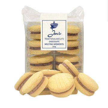 A packet of melting moments biscuits in clear packaging with a few extra biscuits in front.