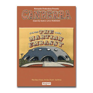 A rectangle magnet titled 'The Martian Embassy' with an illustration by Trevor Dickinson.