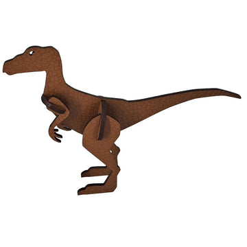 A velociraptor made from laser cut wood pieces slotted together to make a 3D shape.