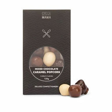 Box of Choco Mama mixed chocolate caramel popcorn on a white background.