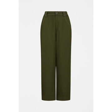 Olive green pants on a white background.