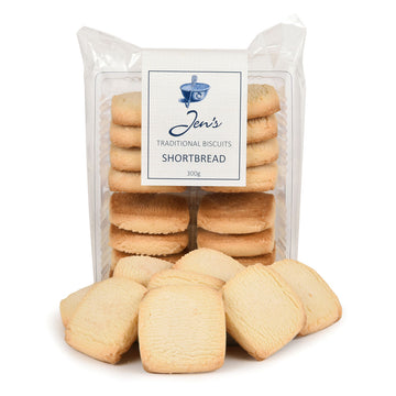 A packet of shortbread biscuits in clear packaging with a few extra biscuits in front.
