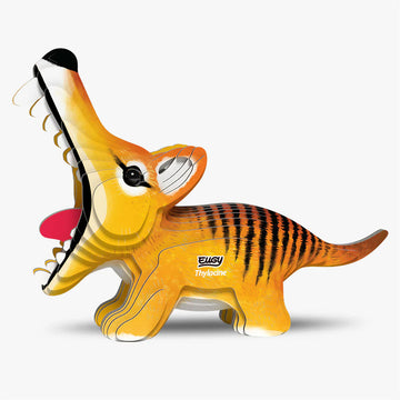 Toy cardboard model of a thylacine on a white background.