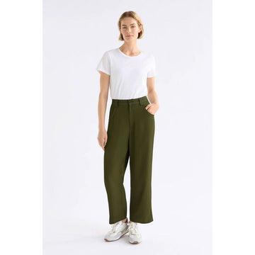 Olive green pants on a white background.
