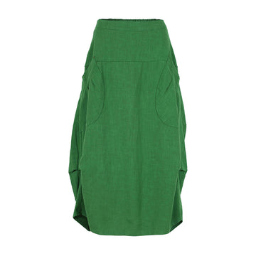 A linen skirt in green with side pockets and tucks on either side.