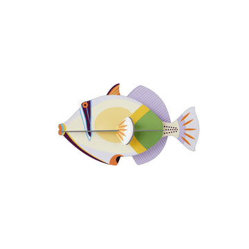 Colorful fish-shaped 3D coloured cardboard model on a white background.
