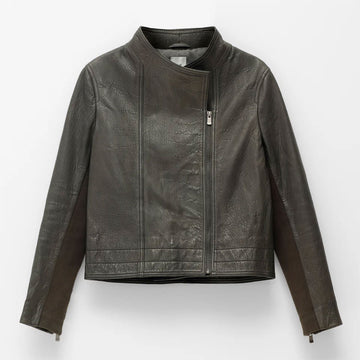 Front view of a leather jacket in a grey brown colour with a zippered front on the side.