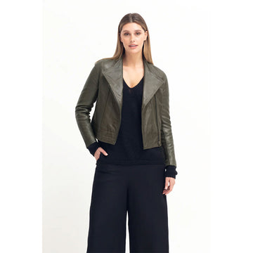 Front view of a leather jacket in a grey brown colour with a zippered front on the side.