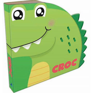 A board book with a round shape on one side and crocodile spikes with an illustration of a crocodile on the front.