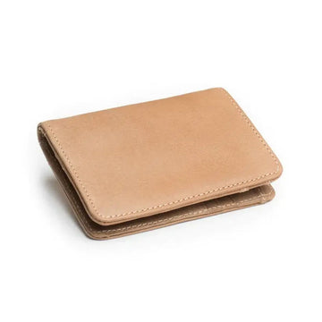 Tan leather wallet on a white background.