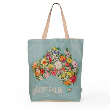 A cotton tote bag illustrated with a map of Australian made from flowers with the heading 'Australia' along the bottom.