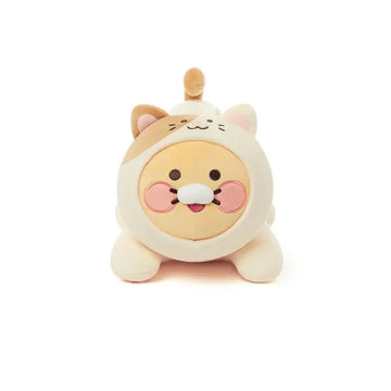 A cat shaped plush toy shown face on.