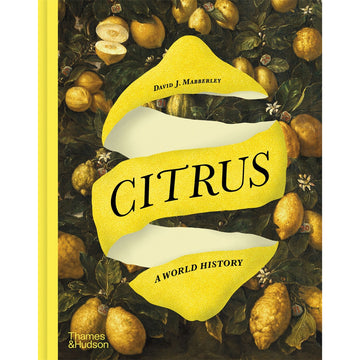 'Citrus' book cover featuring  a lemon peel shaped like a hollow lemon over a painting of lemons and leaves.