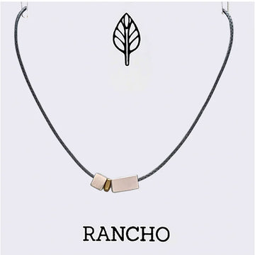 Necklace with a rectangle pendant and 'RANCHO' branding on a white background