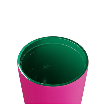 Pink reusable mug with purple lid on a white background, branded 'made by Fressko'.