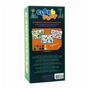 A box titled 'Clay and Play' with illustrations of dinosaurs and a cut out showing pots of coloured clay inside.