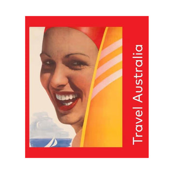Front cover of a card set box with the heading 'Travel Australia' with an image of a woman's face against a surfboard.