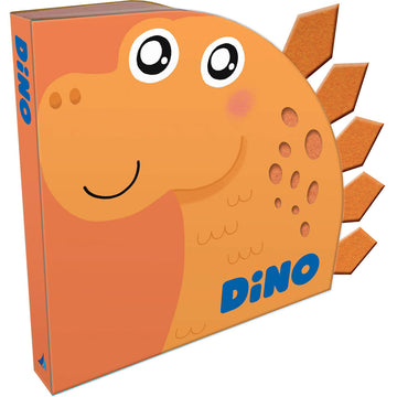 A board book with a round side and dinosaur spikes and an illustration of a dinosaur on the front.