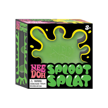 A cube box with the heading 'Nee Doh Sploot Splat' and a shaped window showing a green squish toy inside.